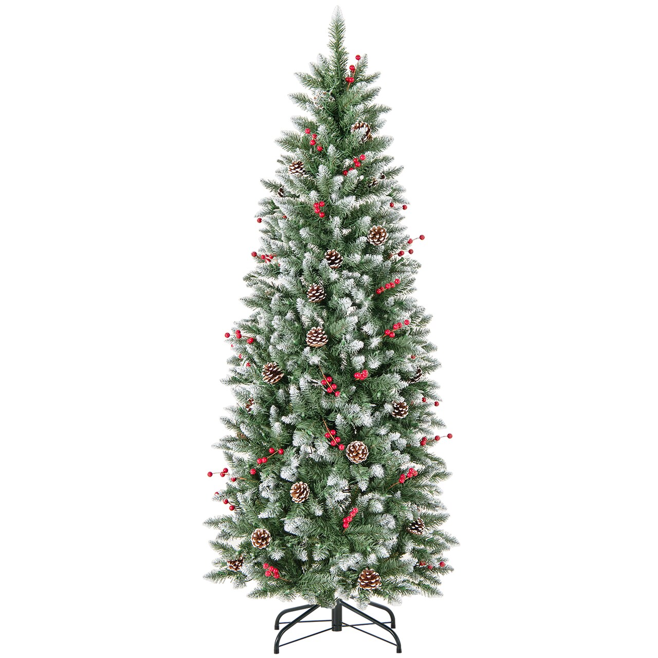Green Pencil Christmas Tree with Warm White Lights, Snow-Frosted Tips and Metal Base